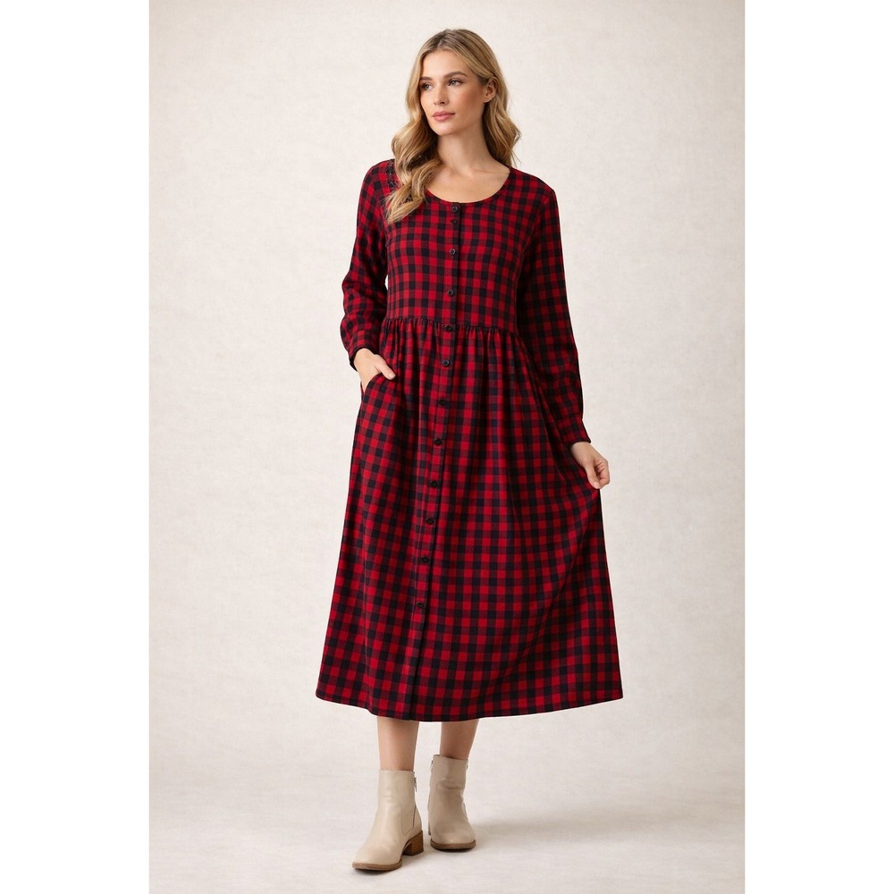The Vermont Country Store Red Black Buffalo Plaid Midi Dress L Cottagecore‎